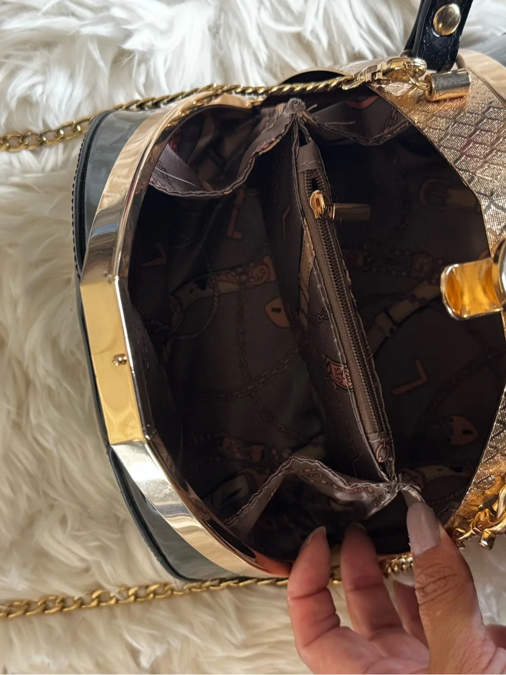 Black Patent and Gold Crystal-Accent Evening Clutch